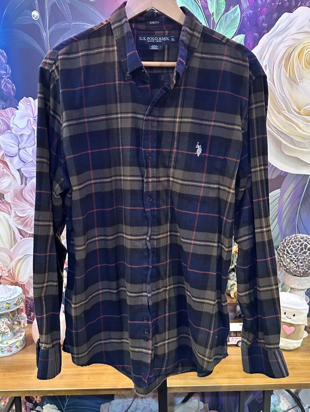 U.S. Polo Assn. XL Men's Stretch Flannel Shirt Plaid Grunge Workwear Navy Gray